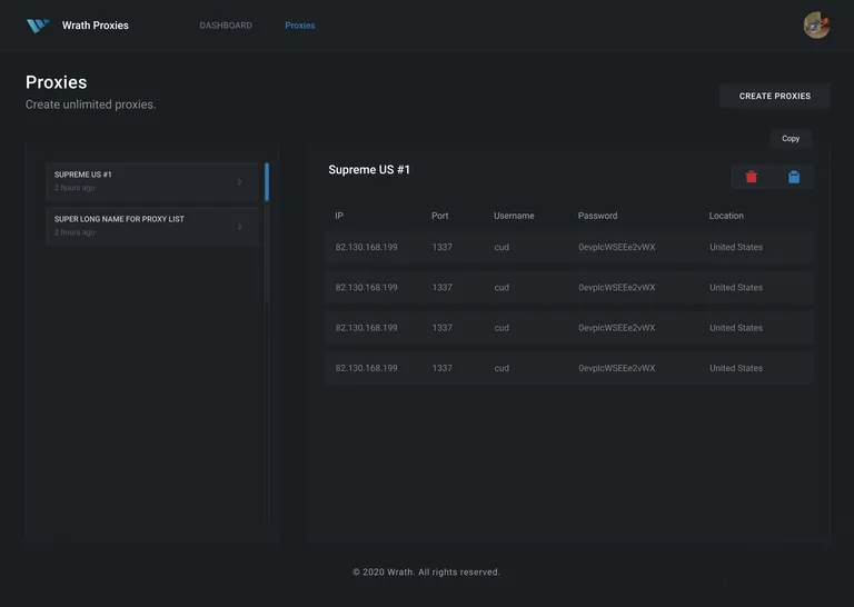 Dashboard Proxies List