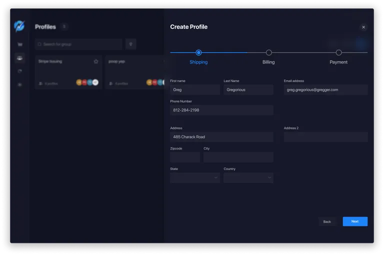 Profiles view with create profile on billing step