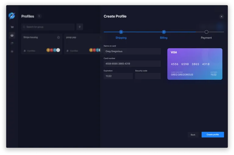 Profiles view with create profile on payment step