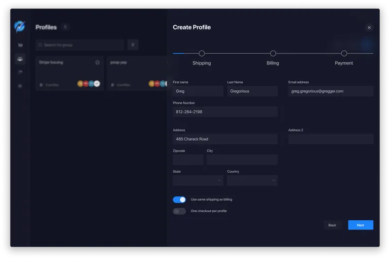 Profiles view with create profile on shipping step